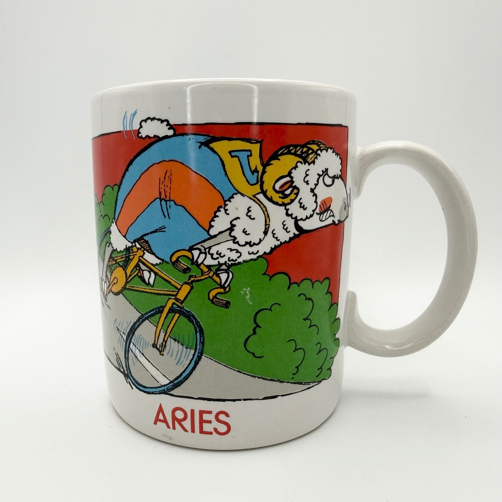 Vintage Aries Zodiac Astrology Ceramic Coffee Mug Cartoon Ram Bicycle White